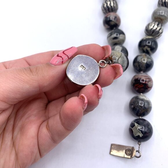 Charles Albert Vintage Orthoceras Fossil Pendant Black & Gray 925 Silver Beaded - Picture 7 of 8